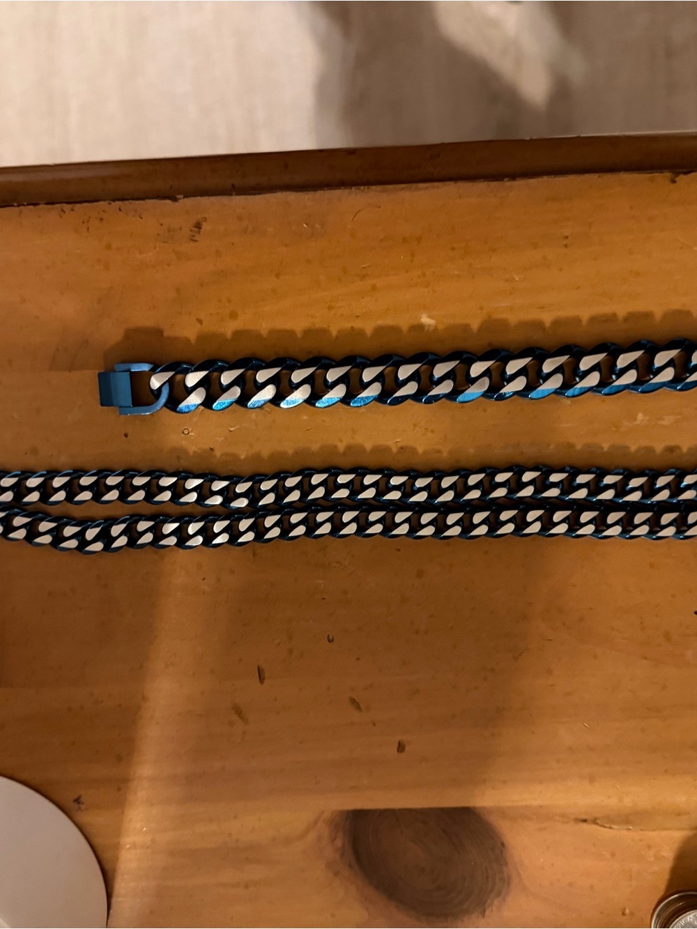 Men’s Two-Tone Blue Stainless Steel Necklace and Bracelet.